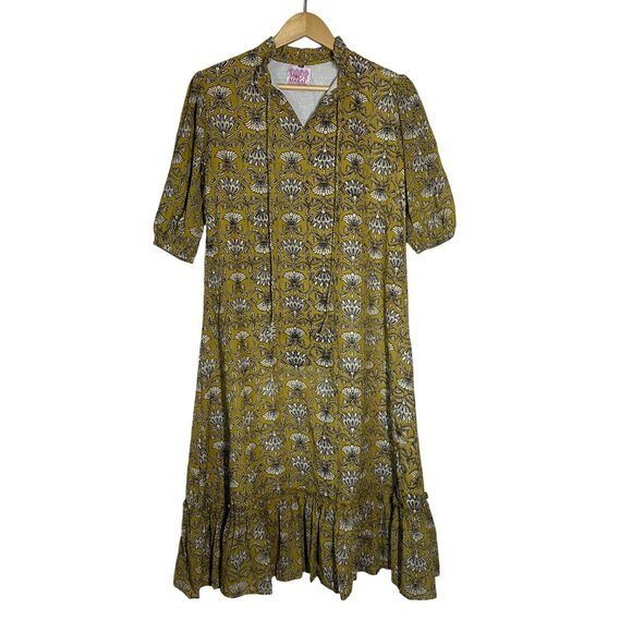 Mod's Mahal Floral Split Neck Midi Dress Womens Size XS Pockets Block Print Boho - Picture 2 of 13